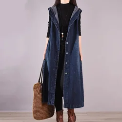 Women's Long  Denim Vest Spring And Autumn New Hooded Denim Jacket Korean Waistcoat Fashion Loose Vest Sleeveless Blazer Vintage