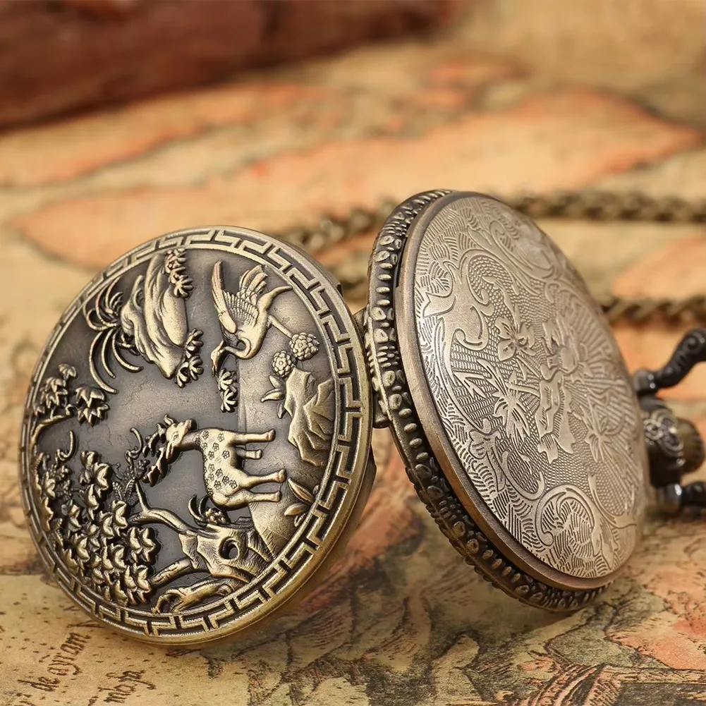 Necklace Chain Old Clock Antique Steampunk Quartz Analog Full Hunter Pocket Watch With Deer