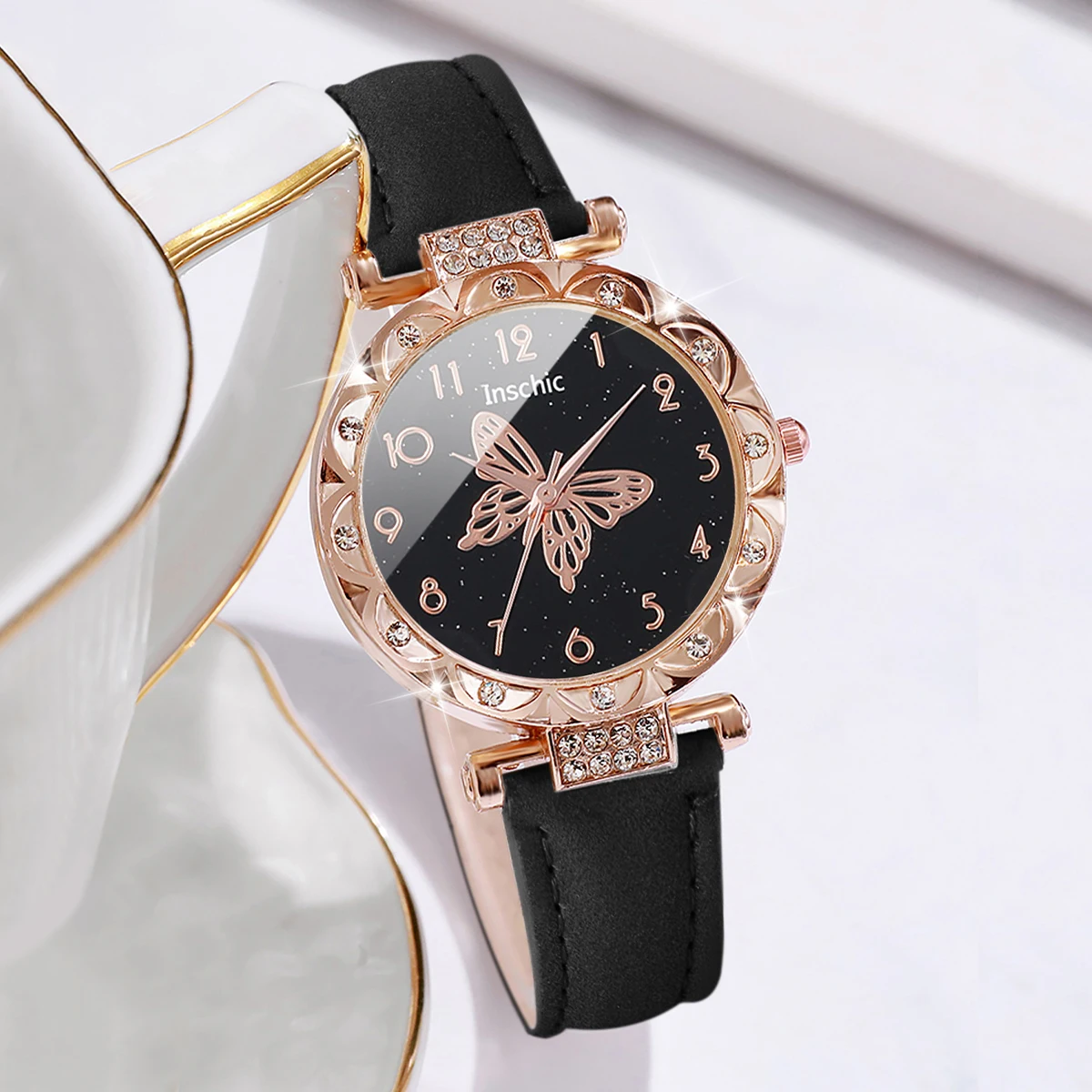 6PCS/Set Women\'s Watch Fashion Rhinestone Leather Band Quartz Watches Butterfly Jewelry Set(Without Box)