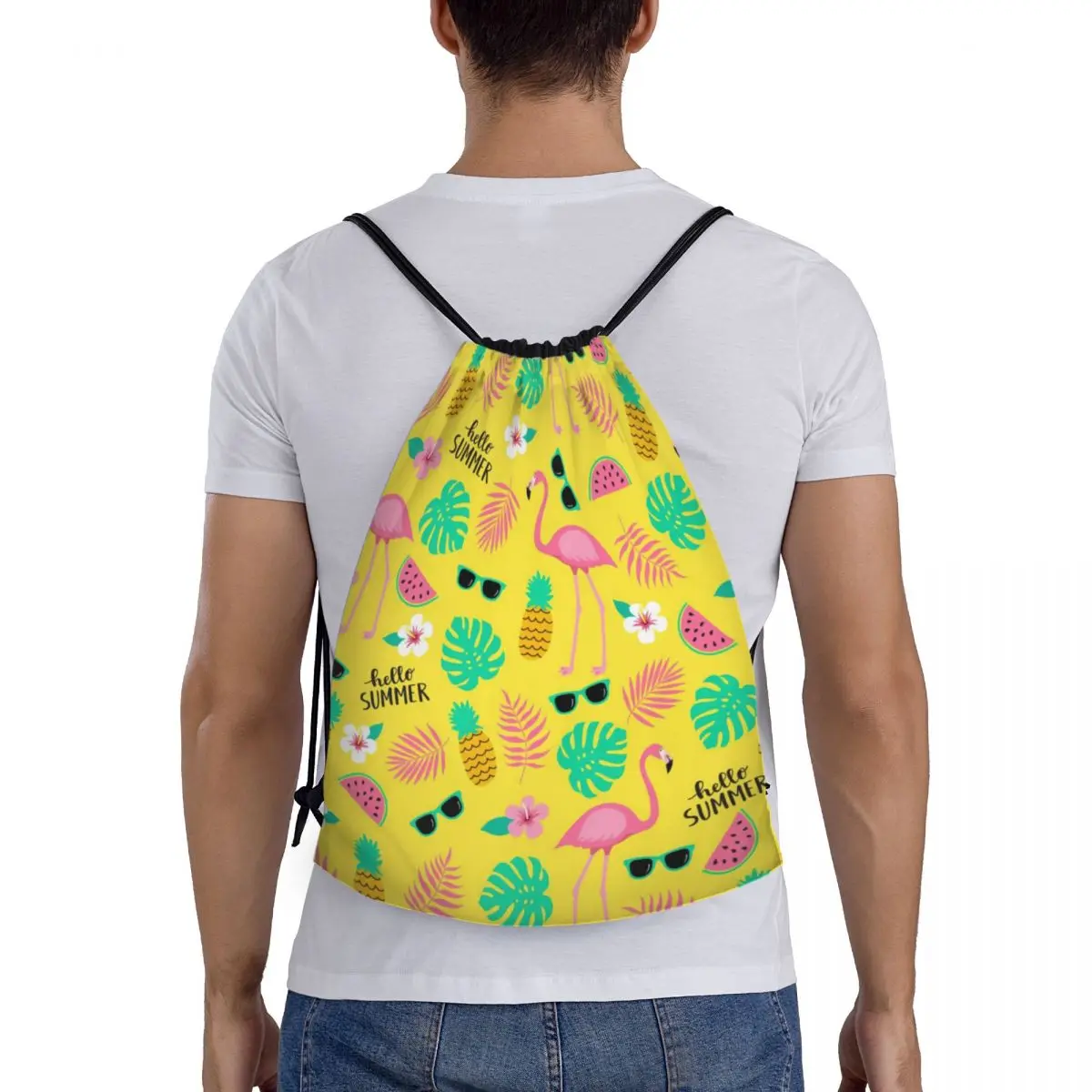 Custom Flamingos E Folhas Drawstring Bag Homens Mulheres Leve Padrão Tropical Abacaxi Sports Gym Storage Backpack