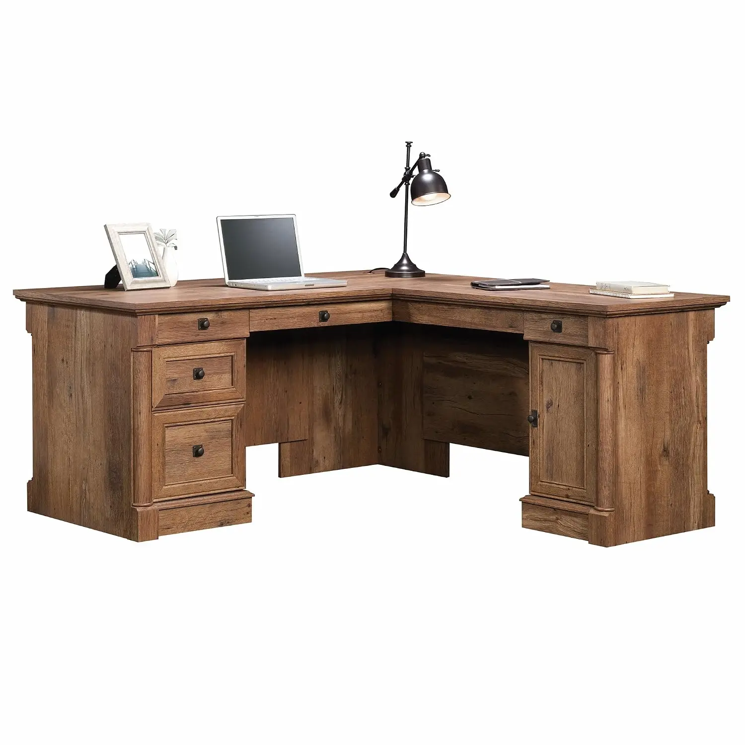 L Shaped Office Desk with Drawers, File Cabinet, Cable Management & Keyboard Tray, Vintage Oak, Customized