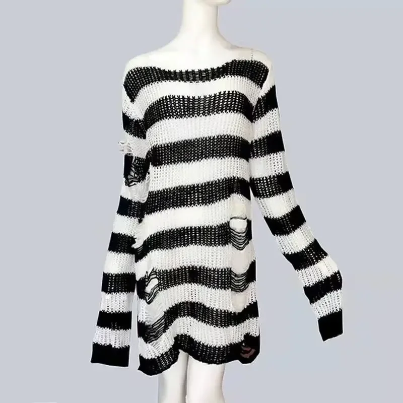 Y2K Harajuku Striped Sweater Women  Hollow Out Knitted Sweater Female Fashion Hole Broken   Streetwear