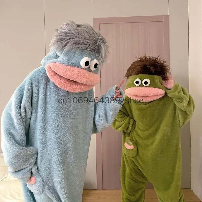 Cartoon Big Silly Mouth Monster Onesie Pajamas Cozy Plush Sleepwear Funny Couple Loungewear with Comb and Shoes for Adult Outfit - view 5