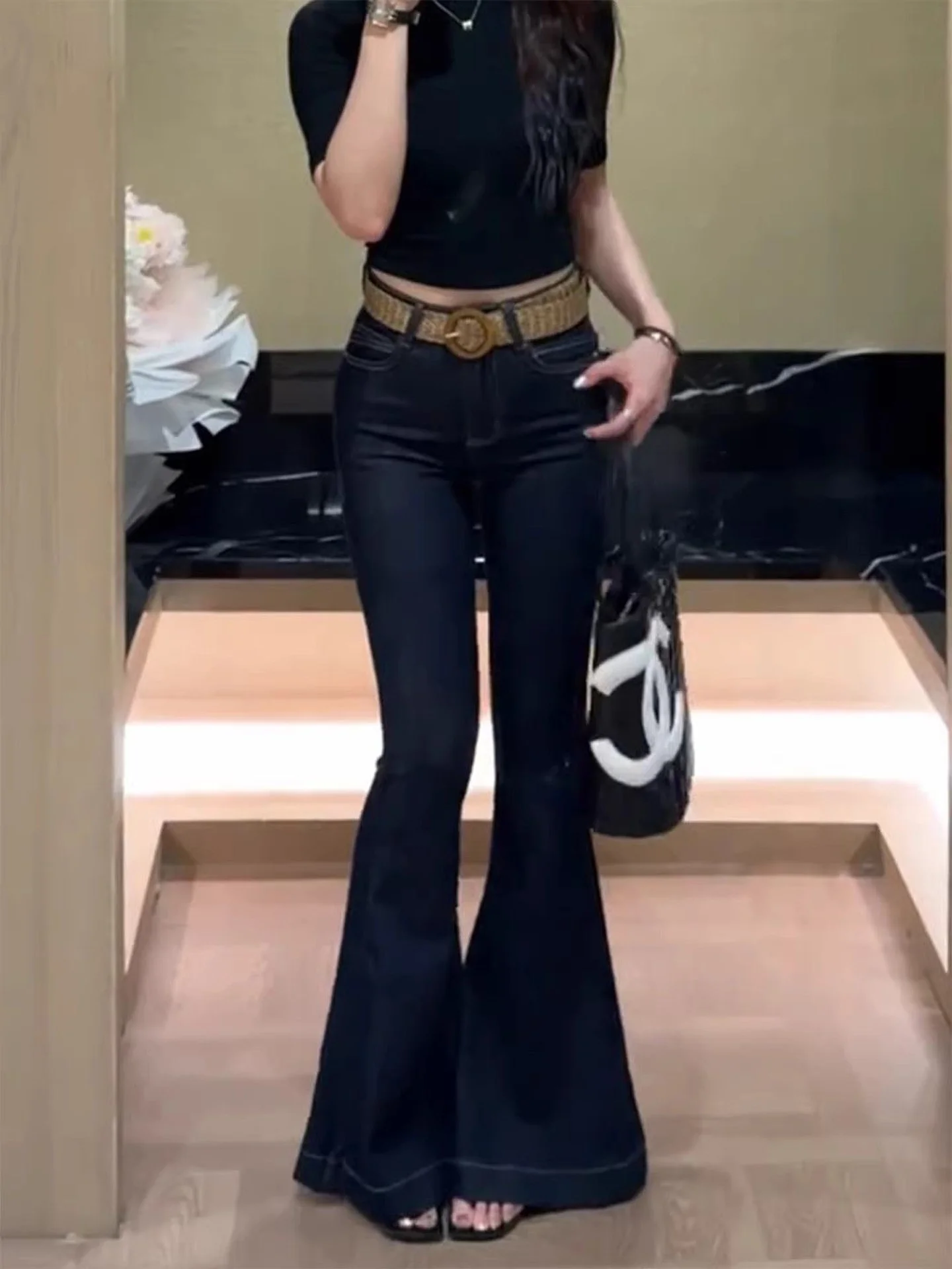 American Style High Waist Slim Fit Fish Tail Bell Bottom Denim Jeans Women's Autumn Elastic Butt Lifting Waist Slimming Pants