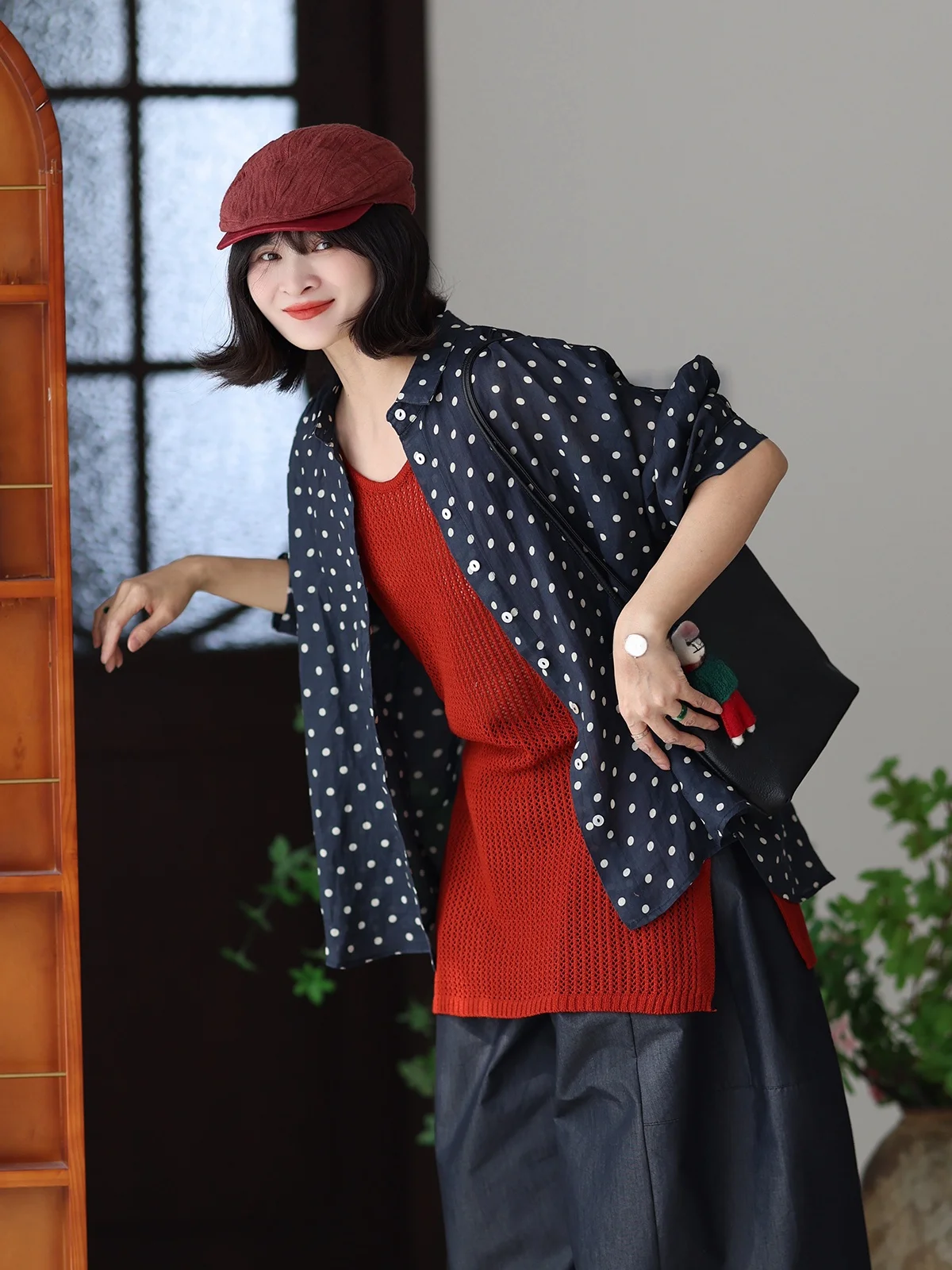 

Художественная винтажная льняная рубашка в горошек с рукавом три четверти для женщин, весна-лето, новинка, дышащая, приятная для кожи