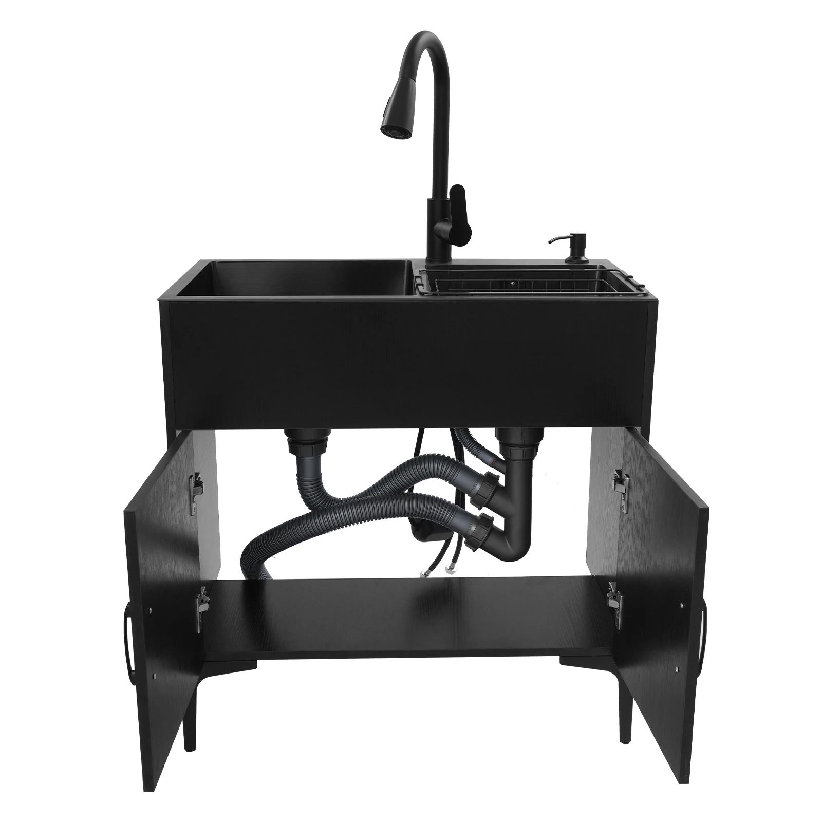 

Black Sink With Pull-out Faucet And Cabinets Suitable For Kitchens, Bathrooms, Restaurants, And More