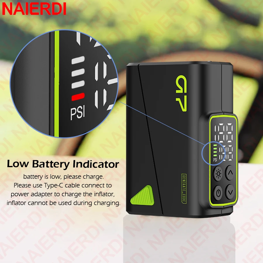 NAIERDI Electric Mini Portable Pump for Bike Cordless Tire Inflator 150PSI Max Air Inflator with LED Screen Fast Charging