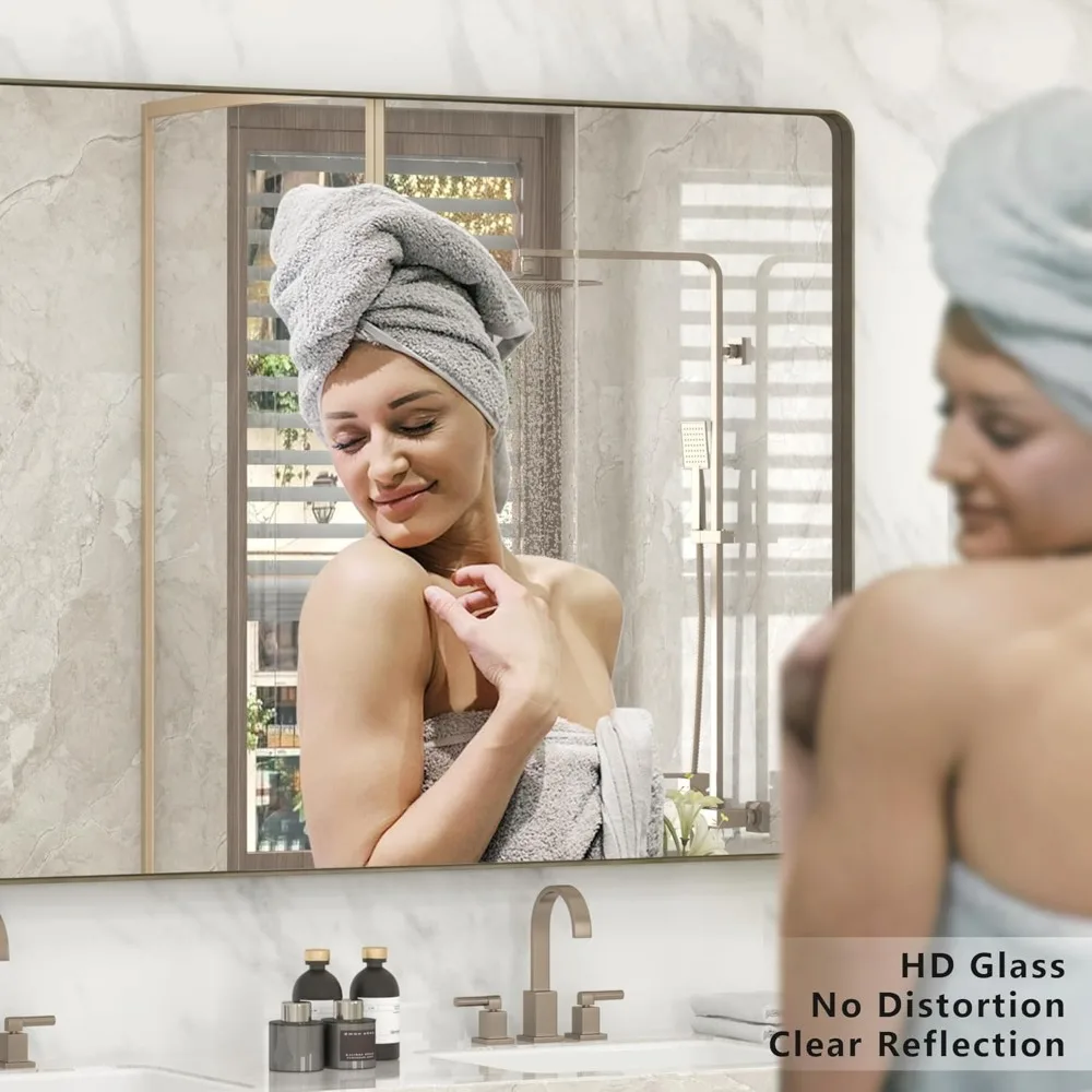 Miroir de salle de bain en bronze 24x32 avec cadre rectangulaire arrondi, finition brossée, mural pour suspension horizontale ou verticale