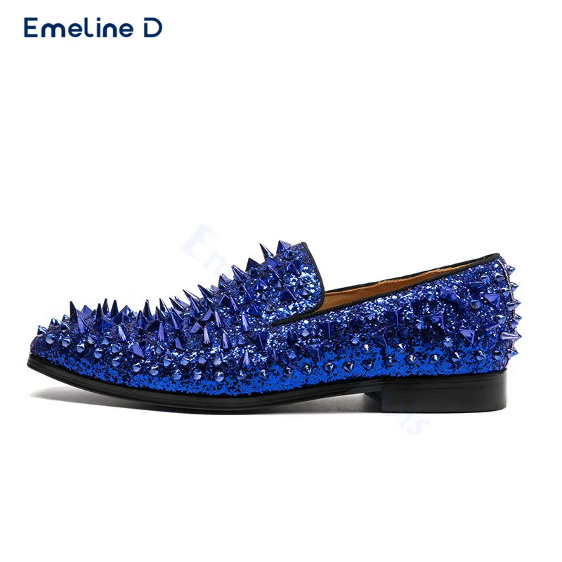 

Blue Crystal Studded Loafers Luxury Rhinestone Performance Shoes Slip-On Thick Heels Fashionable Personality Men's Shoes