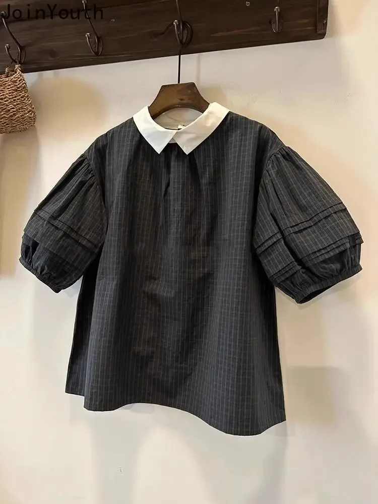 Summer Women Shirt 2024 Blusas Mujer De Moda Peter Pan Collar Puff Sleeve Vintage Blouses Loose Fashion Plaid Blouse Tops 7n832