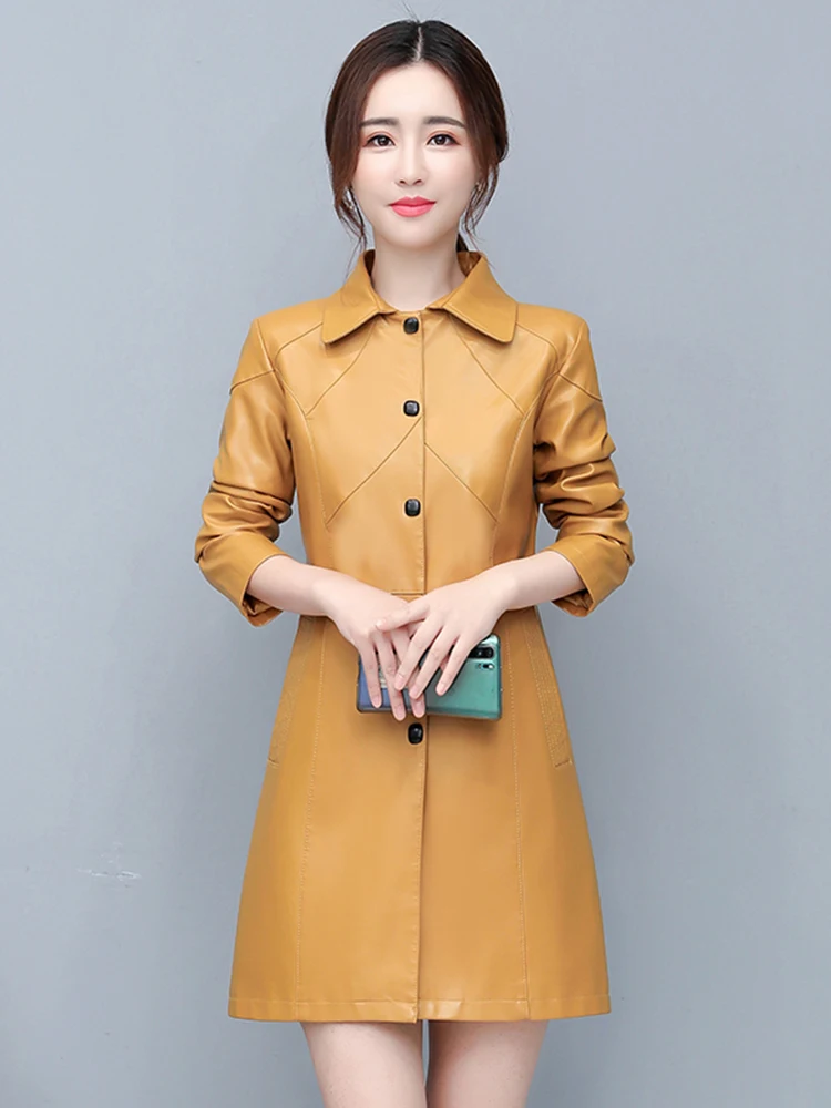 Manteau long en cuir d'agneau véritable pour femme, version coréenne, coupe ajustée, collection Printemps 2025, Haining Leather Outerwear