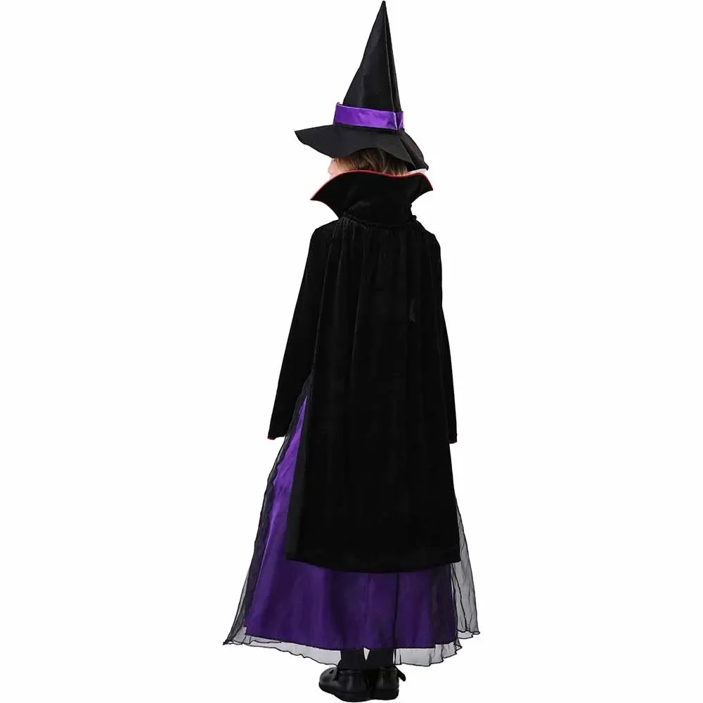 Halloween Witch Girls Purple Gauze Dress & Cloak ; Pointed Cap Belt Costume children Carnival Witch Costume Dress Hat Dress Suit