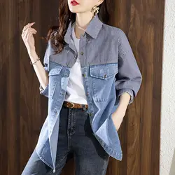 Fashion Lapel Pockets Spliced Striped Shirts Women's Clothing 2023 Autumn Winter Oversized Casual Tops Commuter Blouses