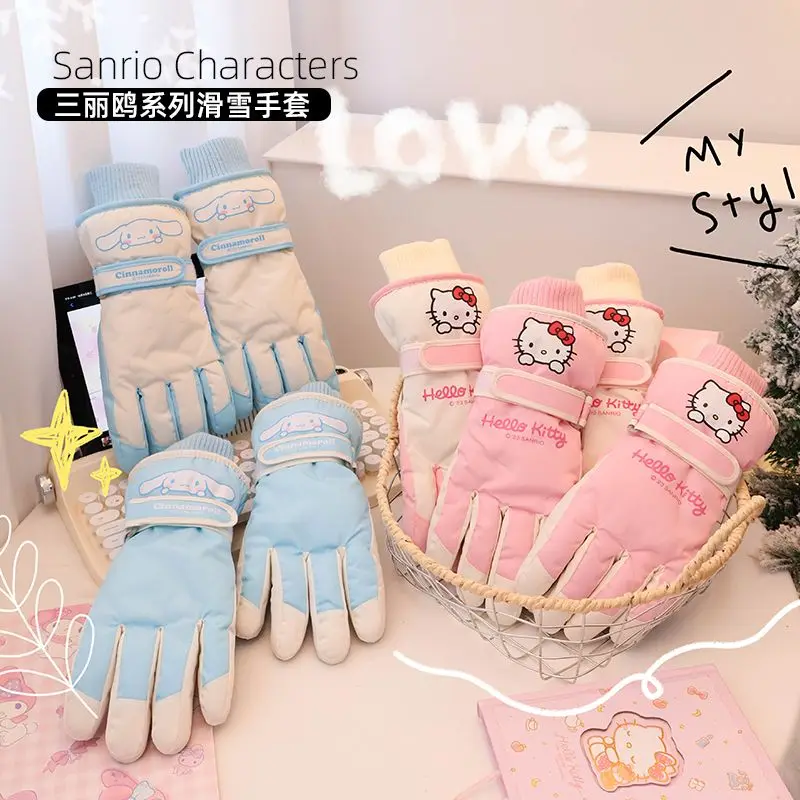 

New Sanrio Hello Kitty Ski Riding Adult Gloves Kawaii Cinnamoroll Girls Outdoor Warm Glove Soft Plush Winter Snow Gloves Gifts