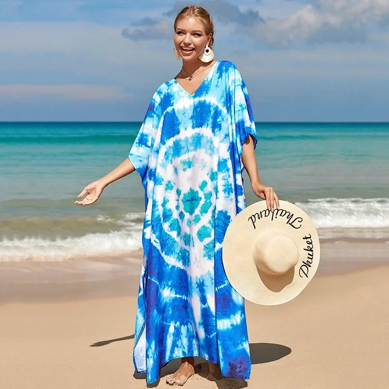 New Women Kaftan Beach Dress Bikini Swimsuit Cover Ups Free Size Female Caftans Long Tunic Kimono Maxi Cotton Printed Loose