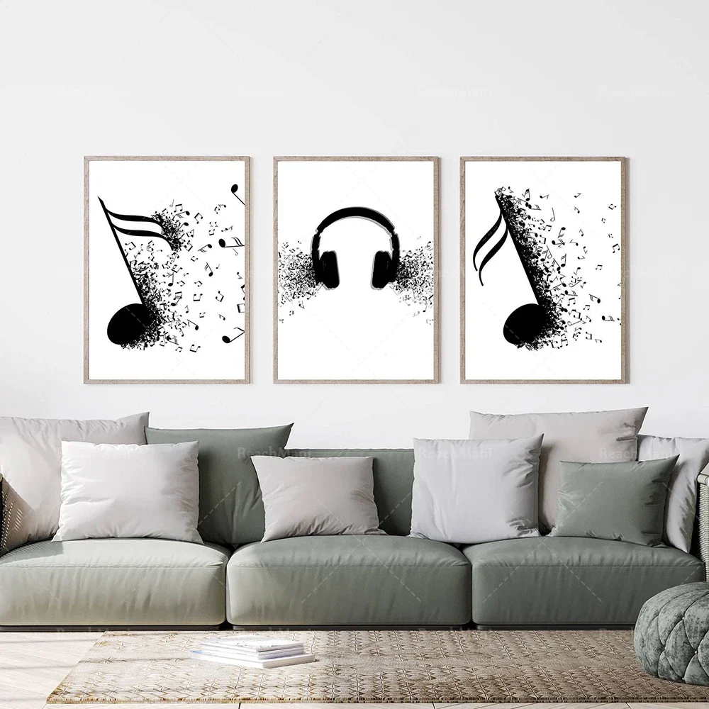 Music black and white prints, headphones, musical notes, half-eighth notes, musical contemporary art abstract canvas print poste