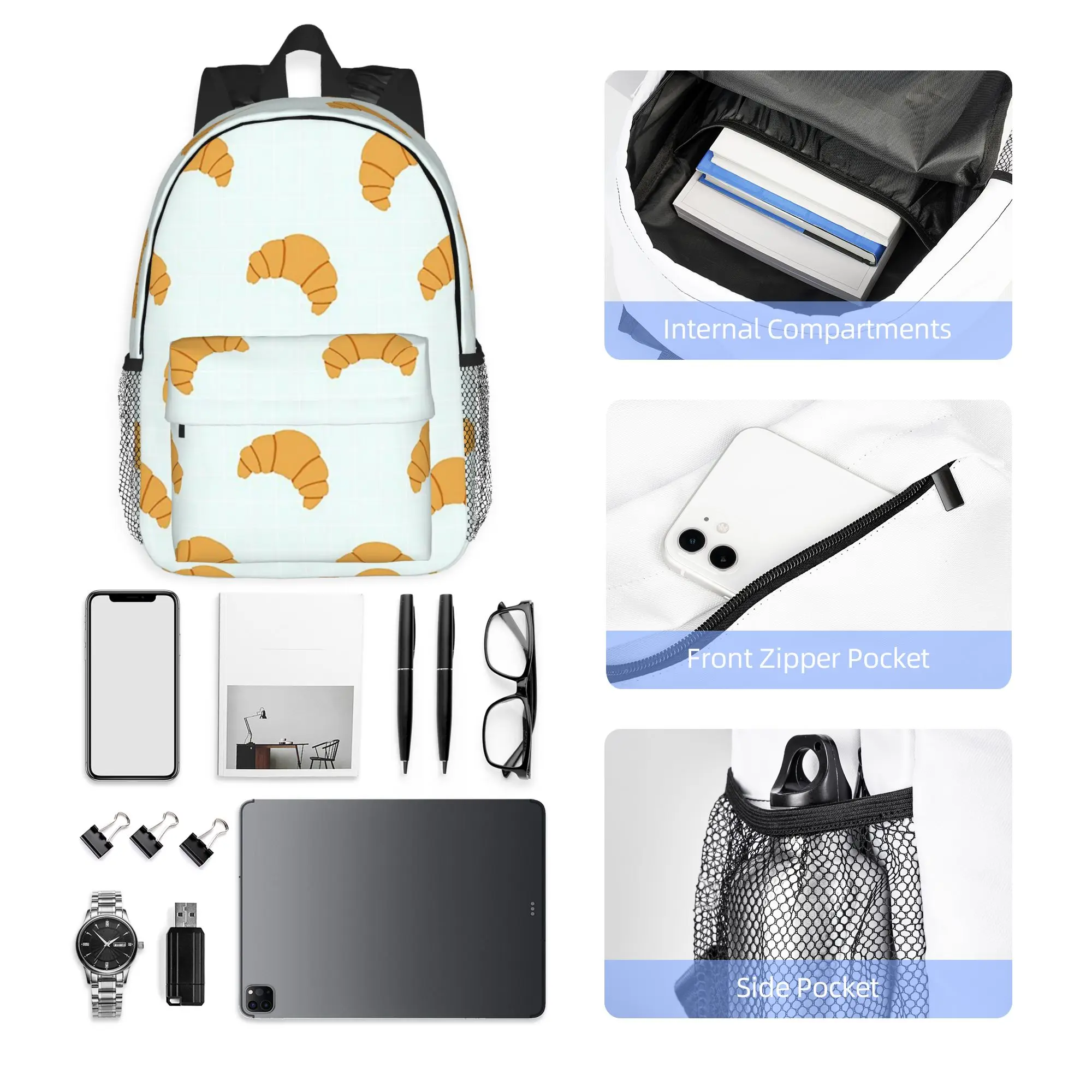 Cute Croissant Print on Blue Background Backpack Hot Sale Daypack Boys Girls BookBag Shoulder Bags for Men Women School Bag