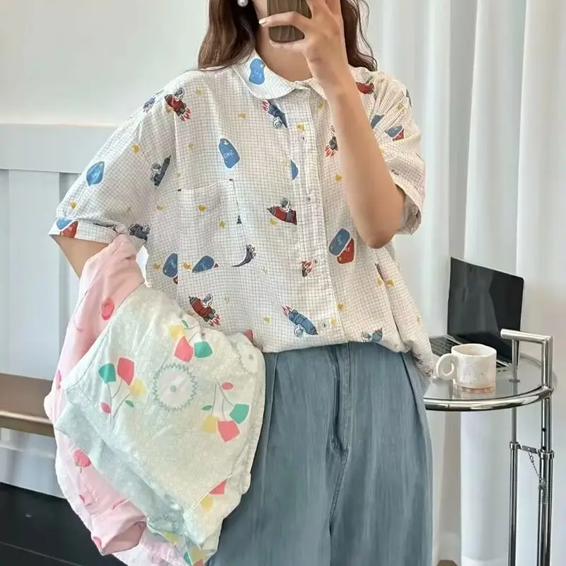 

Large size tops 100% cotton yarn short sleeve loose cartoon printed shirts and blouses plus size Korean style women's clothing