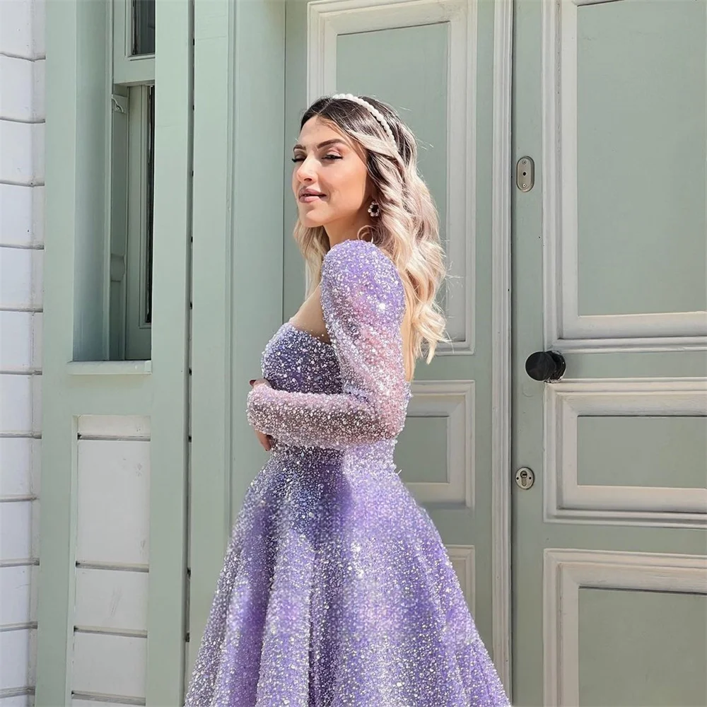 Cathy Lavender A-line Prom Dresses Elegant Long Sleeves Glitter فساتين السهرة  Ankle-Length Shiny Sequins Vestidos De Noche 2024