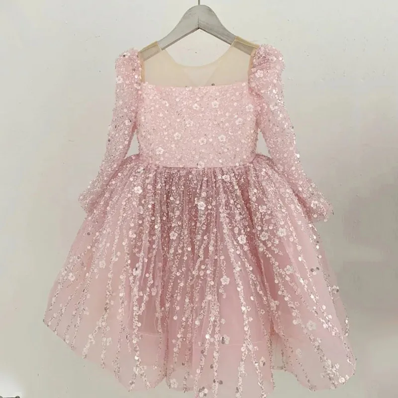 Girls' Dress 2024 New Long Sleeved Sparkling Sequin Baby Fluffy Dress Birthday Princess Dress Fashion Kids  Comfort