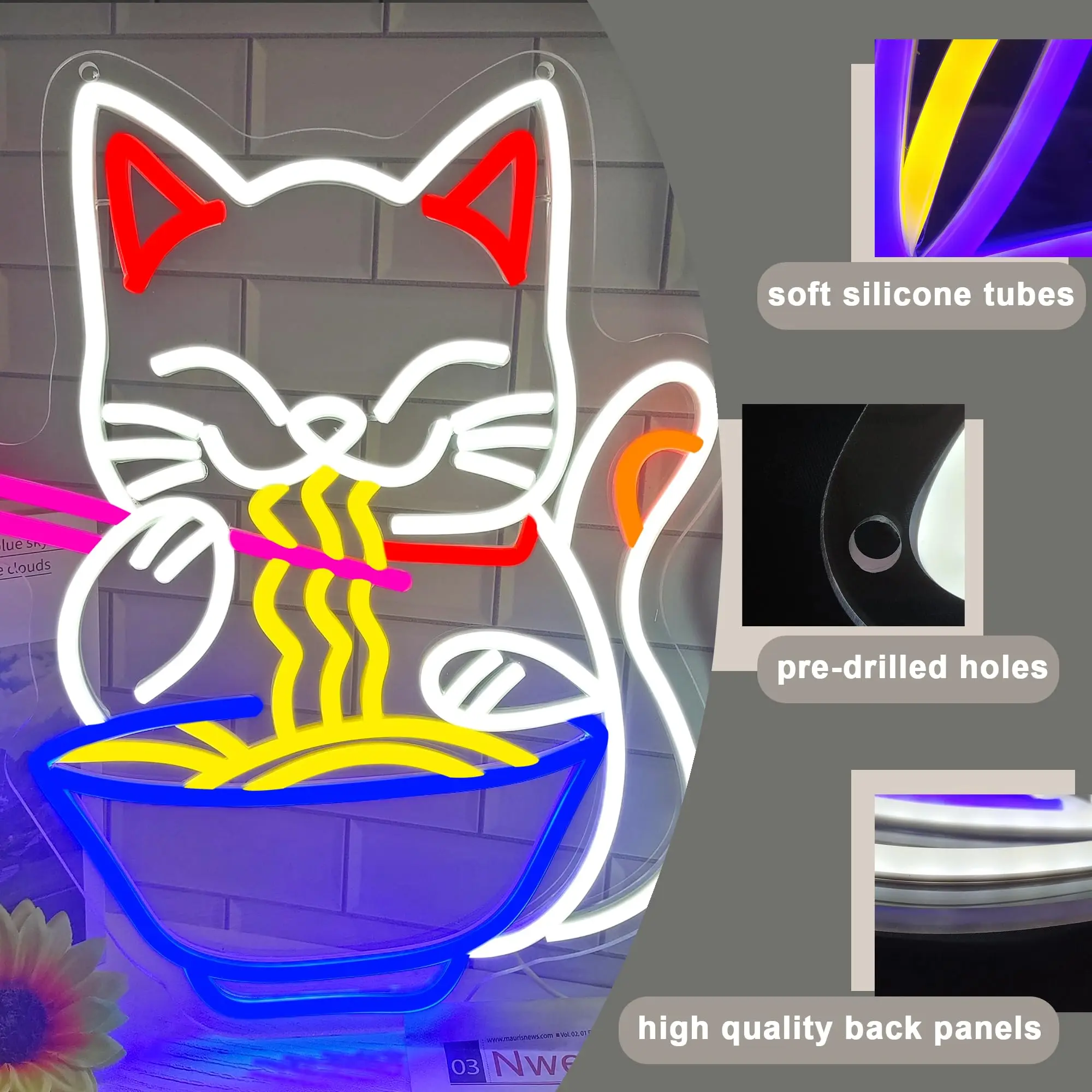 Fortune Cat Ramen Neon Sign Lucky Cat Noodle Led Neon Signs for Wall Decor Home Bar Kitchen Dinning Room Wall Art Decor Gifts