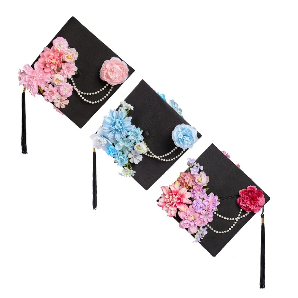Trencher Cap DIY Flowers Graduation Cap Mortar Board Adjustable Kids Academic Hat with Tassels Bachelor Fringe view 6