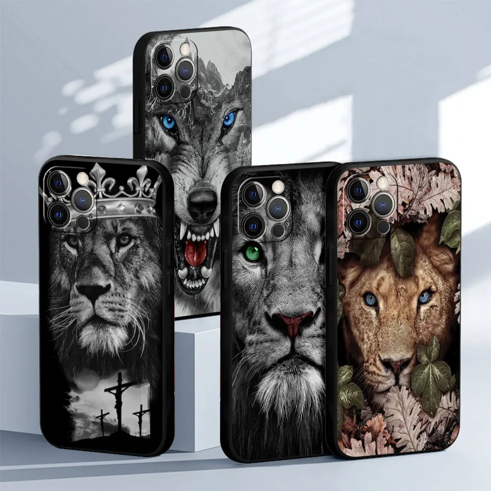 

Phone Black Soft Cover Case for iPhone 12 13 Mini 14 Plus SE 7 11 Pro Max XR 6s XS X 8 13 14Pro Capas Lion Tiger Beast Wolf King