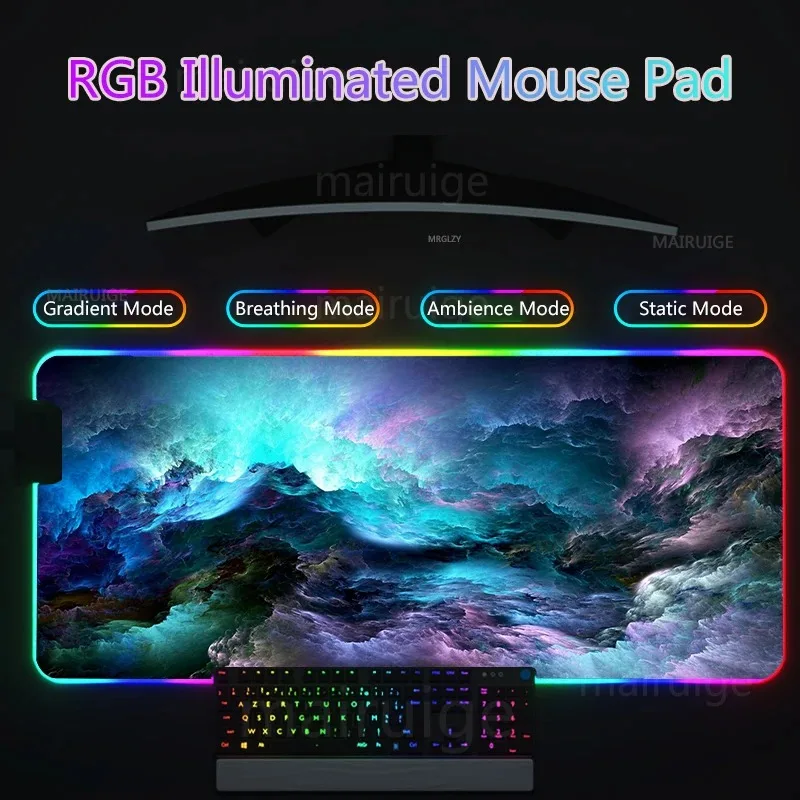 Sky Clouds Gaming Mouse Pad with RGB Rubber Mousepad LED Tapete de rato antiderrapante Backlit Anime Keyboard Mat Acessórios par