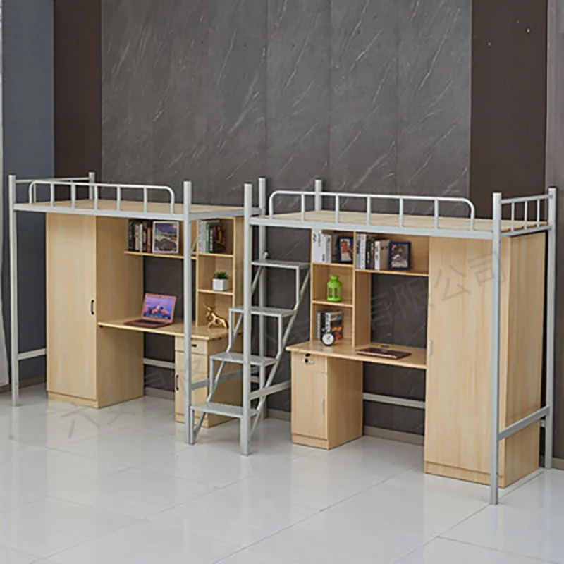 سرير يوث نزل علوي مع طاولة دراسة خشبية سرير معدني بطابقين مع سلم وخزانة ملابس للمبيعات #6