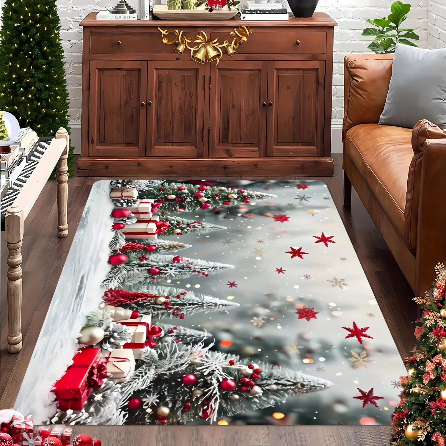 Christmas Floor Mat Santa and Dog Print Rug Snowy Pine Gift Pattern Doormat Home Decor for Living Room Xmas Holiday Indoor Party