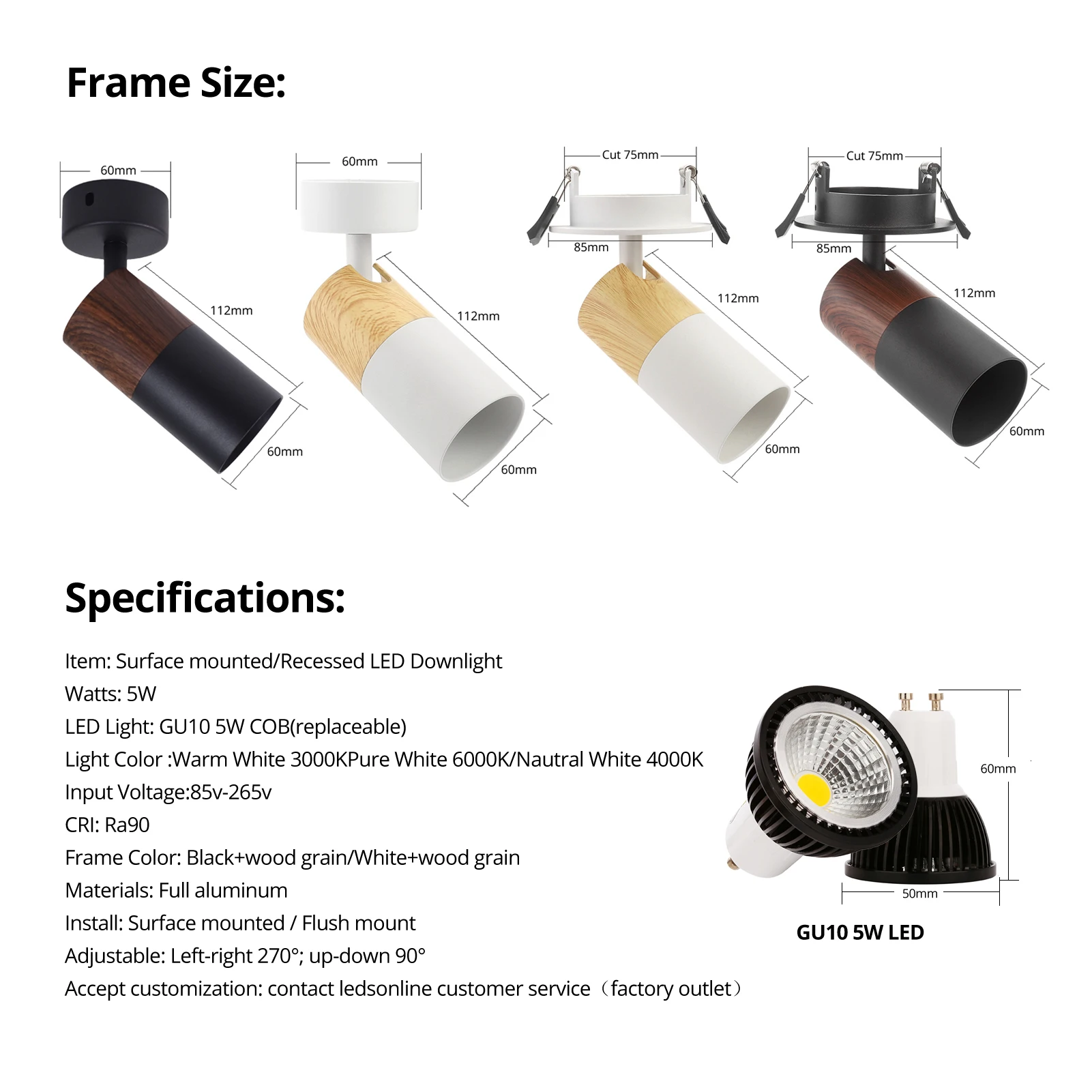 2 Pack Surface Mounted GU10 Ceiling Spotlight Fixture Replaceable Lamp Nordic Wood‑grain For Bedroom Living Room Home Decoration