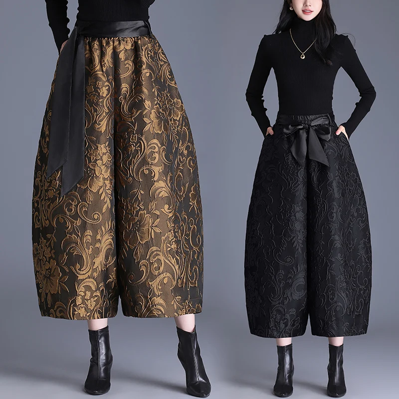 High-End Embossed Fleece Wide Leg Pants Women's Casual Bootcut Pants Autumn Winter New Style plus Size Nine-Legged Lantern Pa...