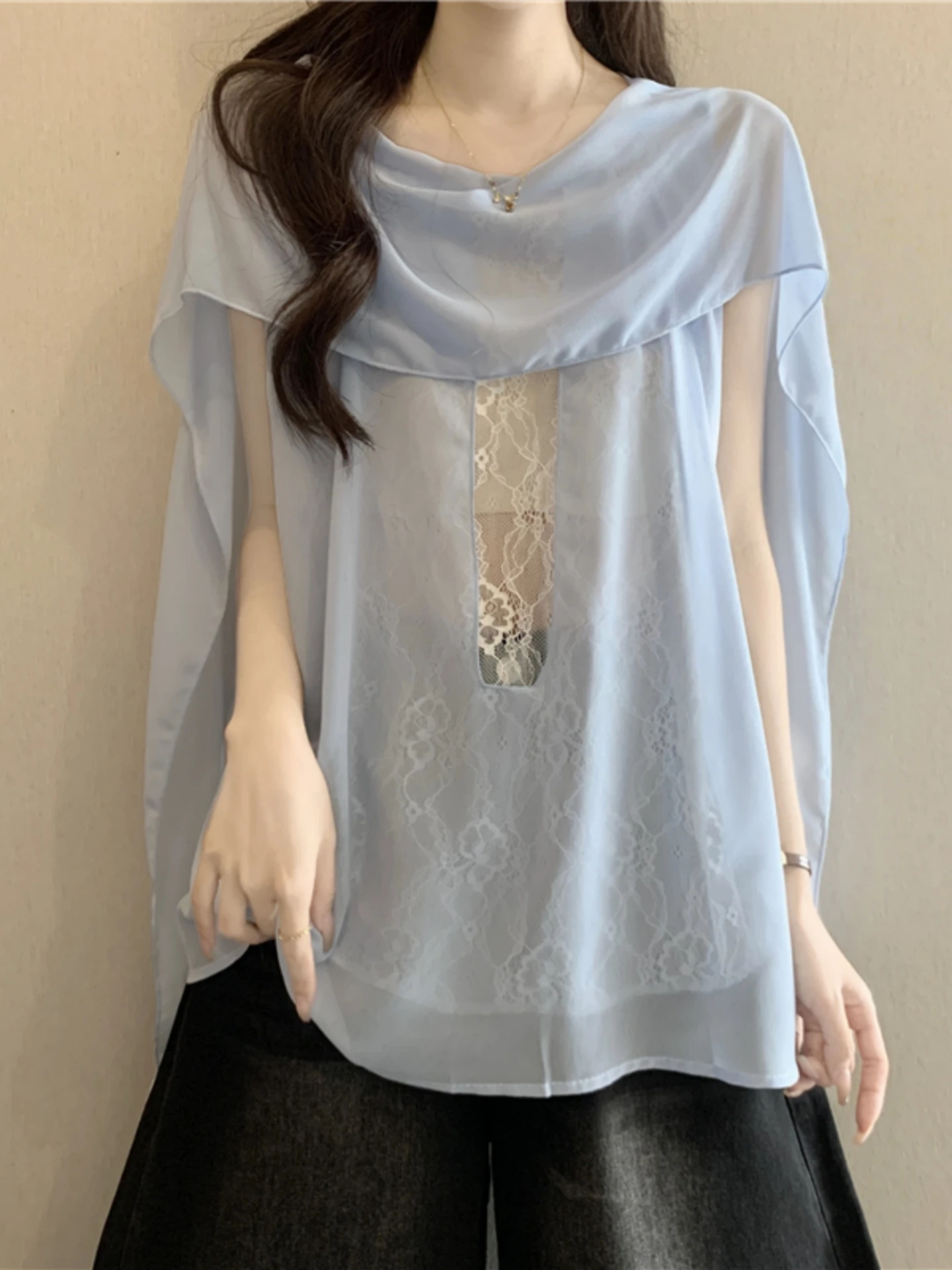 

Lace Patchwork Chiffon Shirt Women Summer plus Size Slimming Lightweight Outerwear Top Korean Style Loose Fit Sleeveless