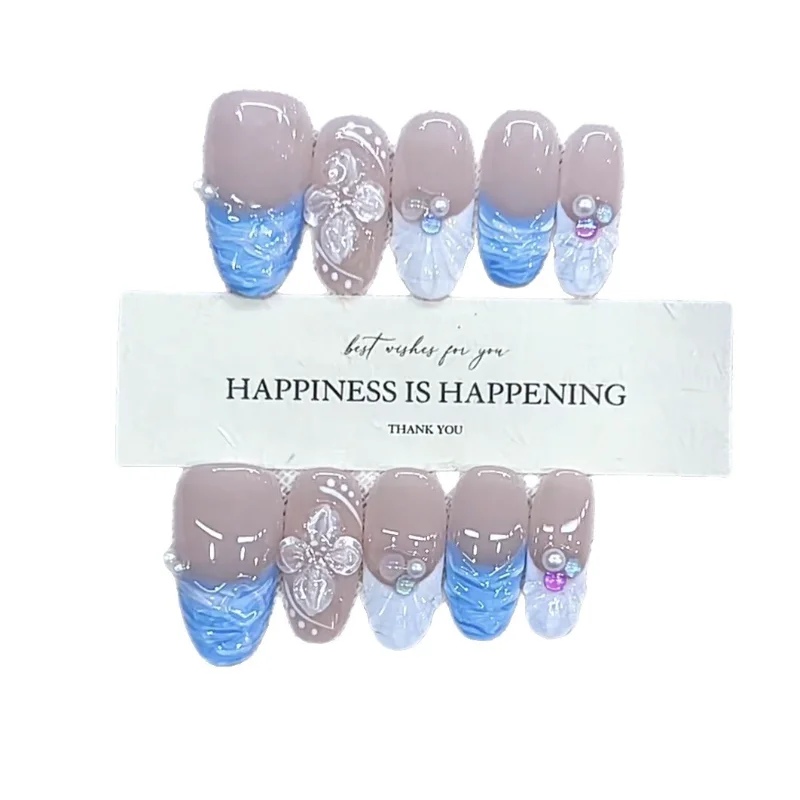 

Hand-worn nail summer new blue engraving pure hand-kneaded five-petaled flower temperament nail patch