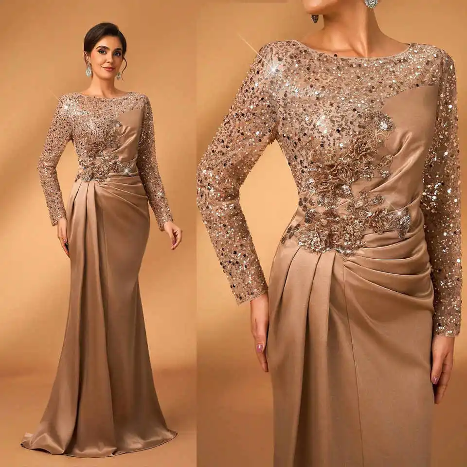 Elegante lantejoulas manga longa vestidos de noite sereia vestidos de mãe 3d floral até o chão festa formal feito sob encomenda