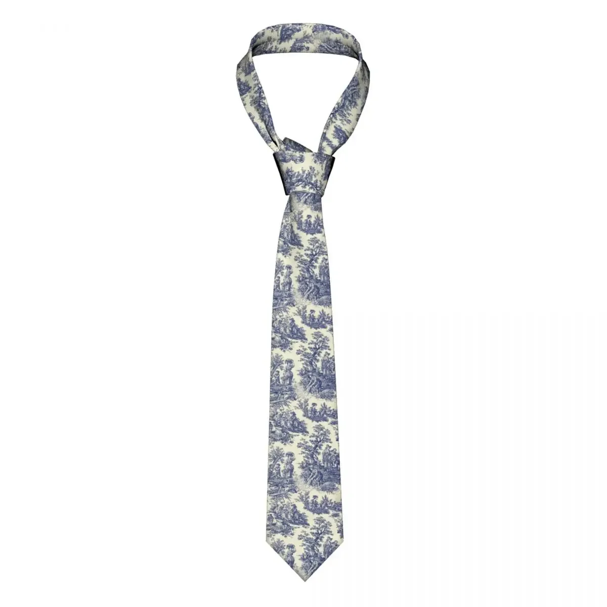 Custom Toile De Jouy Blue Ties for Men Formal French Navy Blue Motif Silk Party Necktie