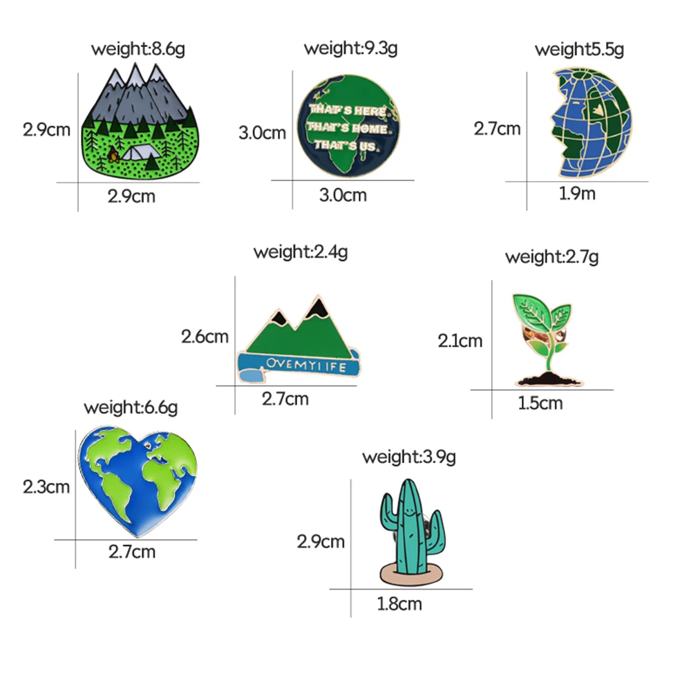 女性と男性のためのエナメルピン、ラペルブローチ、天然ジュエリー、緑地球、ハートマップ、サボテン、山、森、漫画、お土産