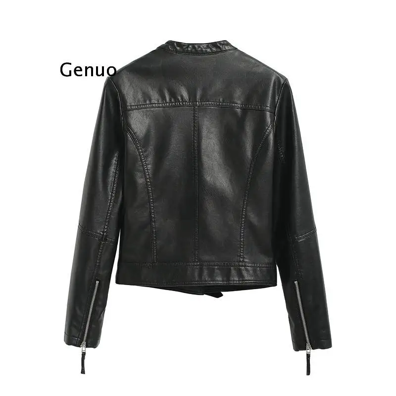 

2022 Autumn Women Slim Short Black Faux PU Leather Jacket Spring Stand Collar Long Sleeve Punk Moto Jackets Female Street Coat