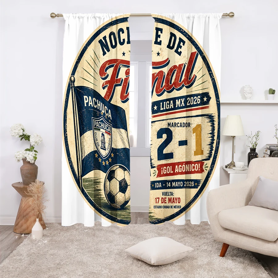 2 Cortinas con Estampado Vintage del Partido Final de Fútbol Pachuca, con Bandera del Equipo, Balón de Fútbol, Puntuación del Partido y Liga MX 2026 G