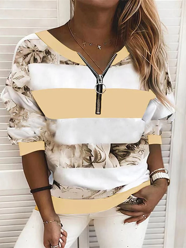 V-Neck Long Sleeve Pullover Women\'s Printed Striped Spring Autumn T-Shirt Daily Casual Loose Top Clothes