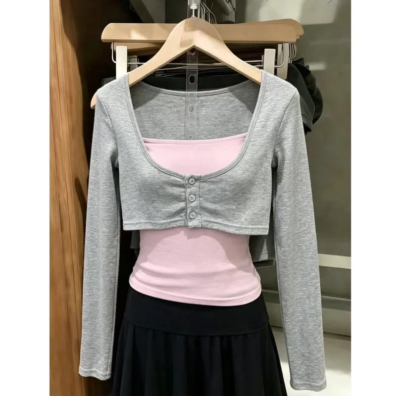 Elegant Grey Long Sleeve Open Cardigan Purple Inner Wrap Two Piece Set Women's Slim Fit Top for Autumn New Style Casual Wear
