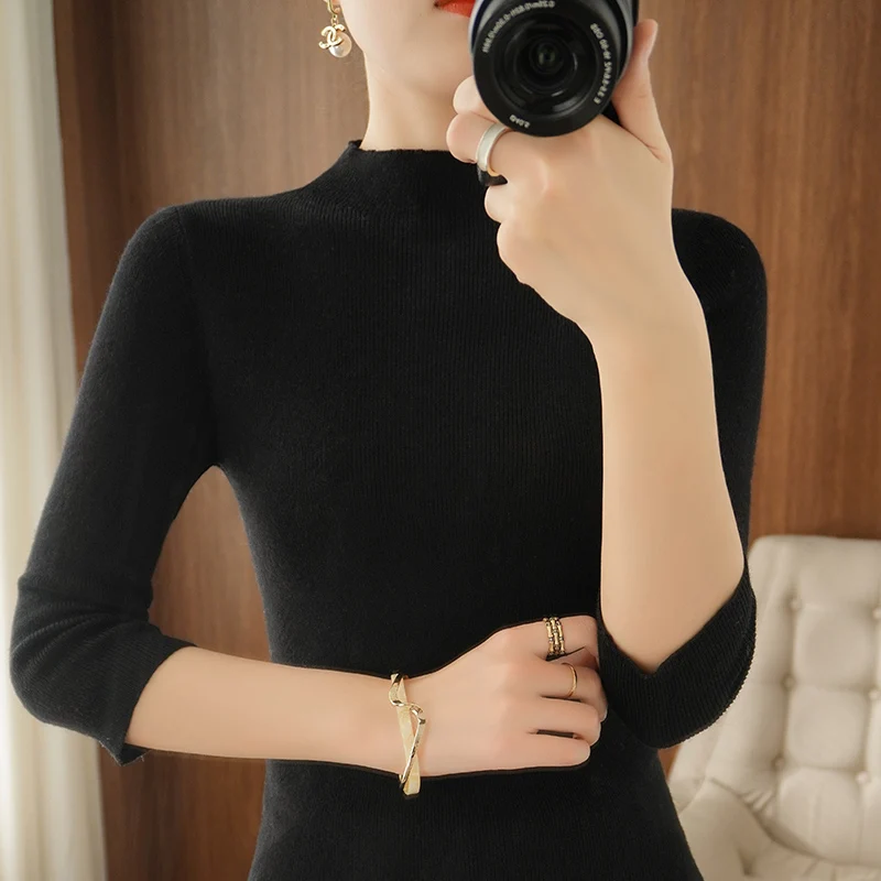 Women's Pullover Spring/Autumn Worsted Wool Sweater Casual Solid Color Knitwear Ladies' Tops Slim Half Turtle Collar Blouse