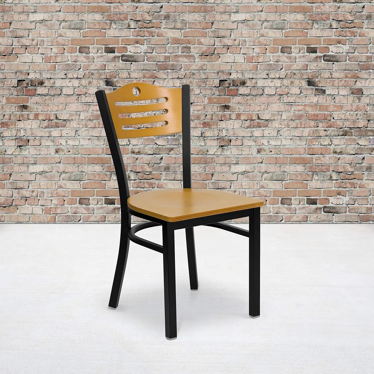 2 Pack Black Slat Back Metal Restaurant Chair - Natural Wood Back & Seat