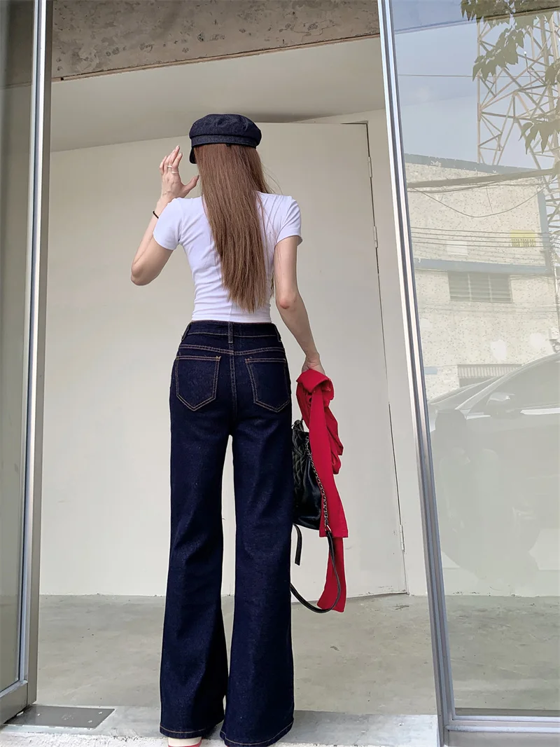 Women High Waist Stretch Dark Blue Split Versatile Denim Pants Hot Girl Slim Split Hem Straight Flare Floor Length Trousers
