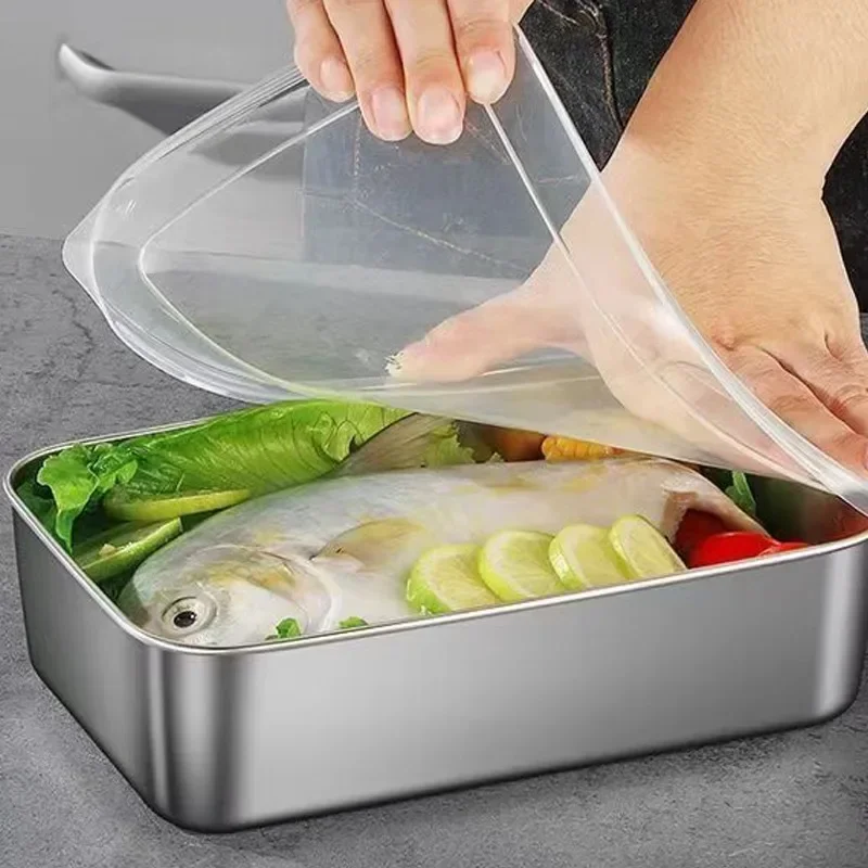 Stainless Steel Fresh Keeping Box Refrigerator Food Storage Container with Lid Lunch Bento Food Box Outdoor Picnic Camping Tools