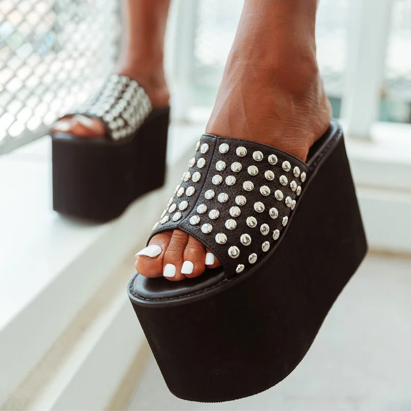 12cm Round Toe Women Pumps Rivets Studs Punk Thick Sole Platform High Heel Wedge Shoes Mules Slippers Slides Plus Size 42