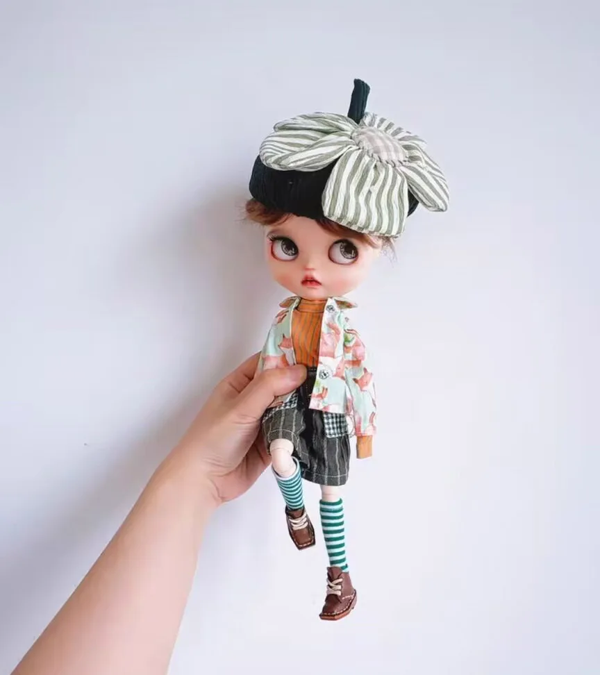 4 قطع قميص مخطط على الطراز الريفي 2025 Blythe/Landoudou + قميص الثعلب/السراويل القصيرة/الجوارب (يصلح لـ Lulu،ymy24،Ob22،24،26،zone، Jenny)