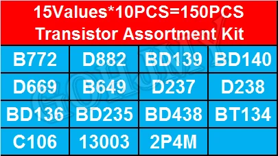 150pcs TO-126 Transistor Assortment Kit pack 15 value*10pcs B772 D882 BD139 BD140 C106 D669 B649 D237 D238 13003 BD136 BD235