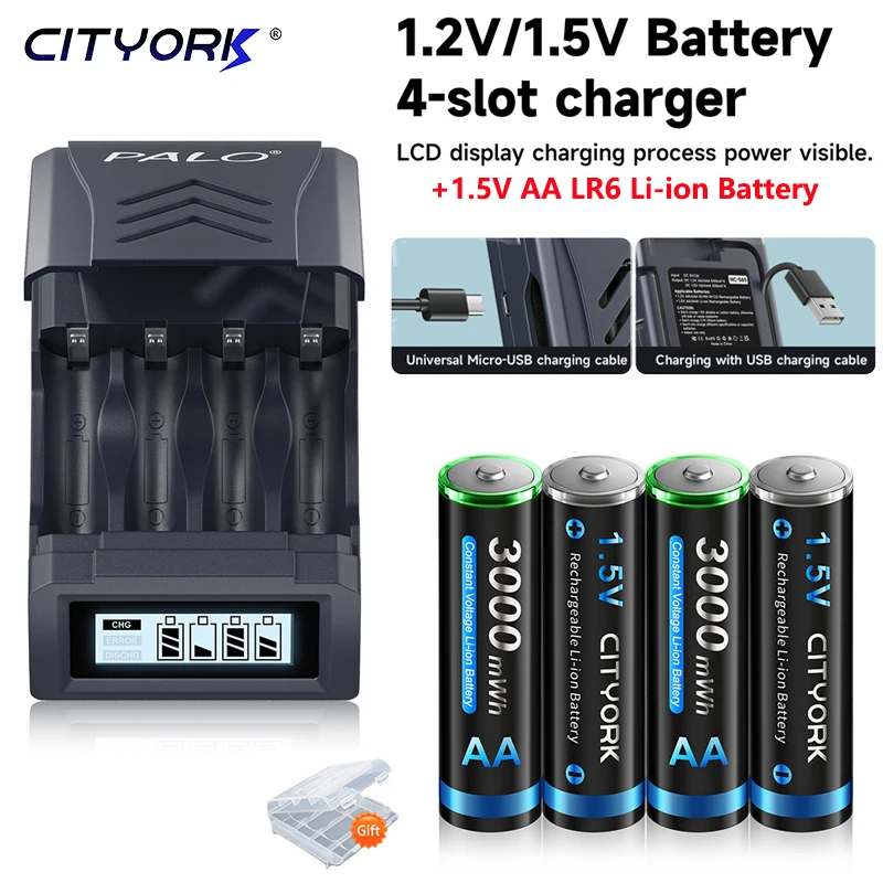 

1.5V AA Li-ion Rechargeable Battery HR06 Long-Lasting Lithium 2A Batteries+4 Slots LCD USB charger for 1.2V/1.5V AA AAA Battery