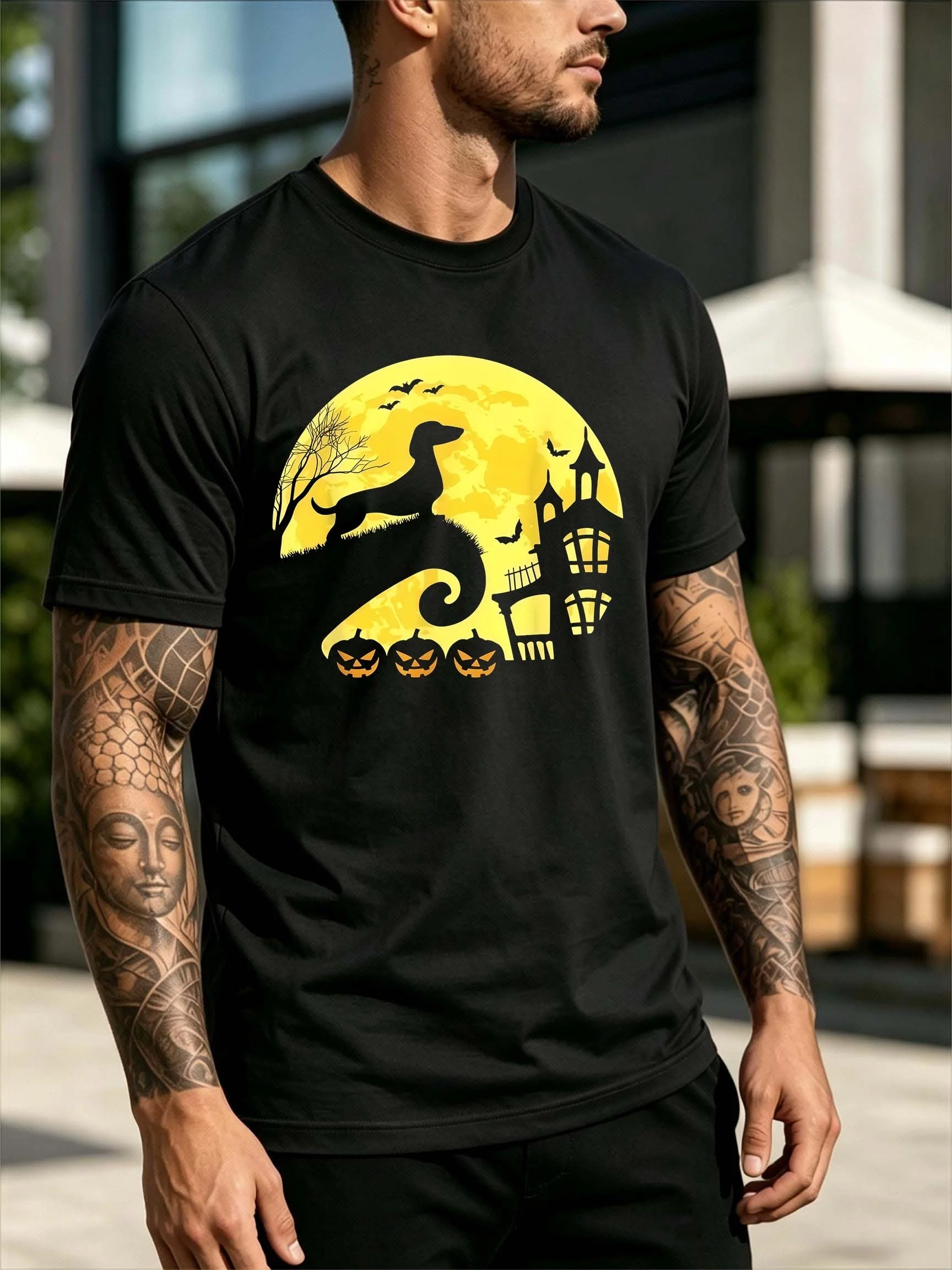 2026 Summer Men's Halloween Dachshund Silhouette Haunted House Print 100% Cotton Short-Sleeve T-Shirt Street Style Versatile Top